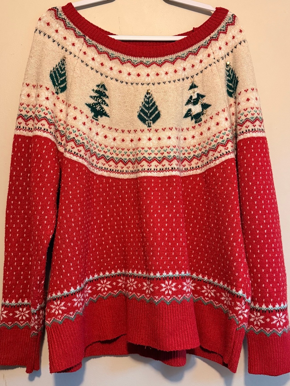 Holiday Time Red & Cream Crewneck Sweater with Green Tree Motif